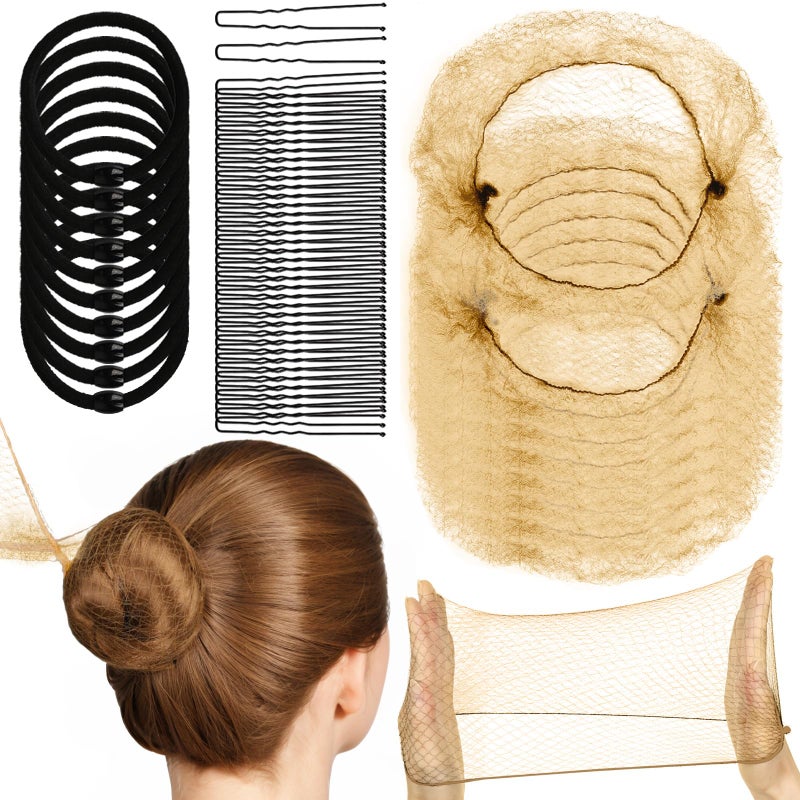 YGDZ 50cm Hair Nets for Buns, 40pcs - Light Coffee Nylon Mesh Hair Accessories for Ballet Girls, Food Service, Sleeping, Wig, Women, Girls, with 40 U Shaped Bobby Pins, Hair Ties - Image 1